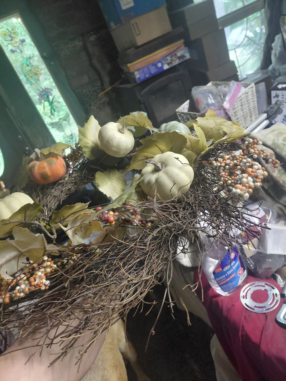 Neutral Pumpkin & Leaf Fall Wreath - Cream & Green